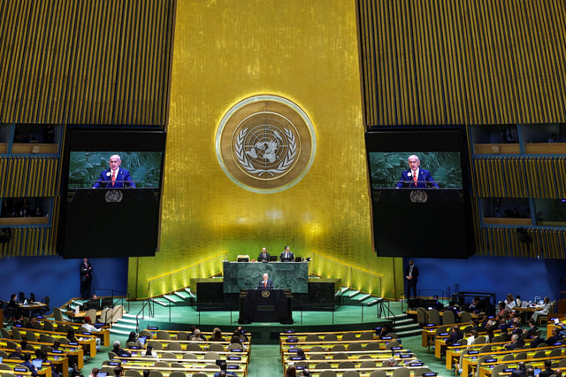 Israeli Prime Minister Benjamin Netanyahu addresses the 80th United Nations General Assembly (UNGA) at U.N. headquarters in New York City, U.S., September 26, 2025. REUTERS/Jeenah Moon