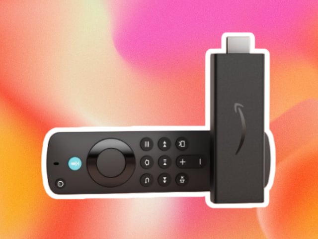 Fire TV Stick HD with pink and orange background