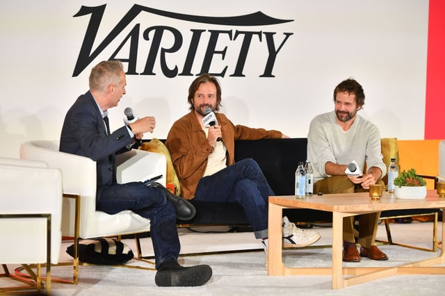 Matt Duffer (center) and Ross Duffer (right) speak onstage at Variety’s Entertainment & Tech Summit in West Hollywood, California on Tuesday.