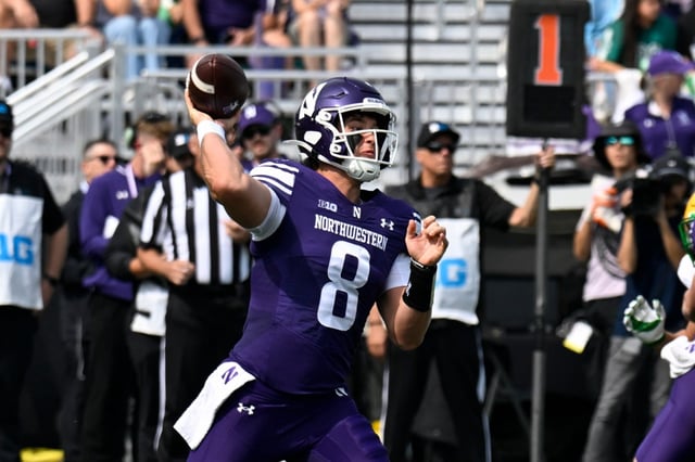 Northwestern quarterback Preston Stone throws a pass during the first half against Oregon on Saturday, Sept. 13, 2025, in Evanston, Ill. (AP Photo/Matt Marton)