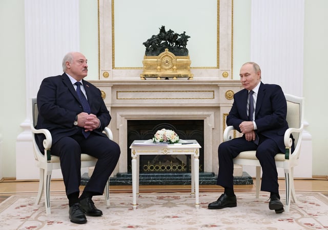 Russian President Vladimir Putin and Belarusian President Alexander Lukashenko attend a meeting at the Kremlin in Moscow, Russia September 26, 2025. REUTERS/Ramil Sitdikov/Pool