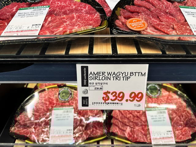 A price for beef is displayed at an Asian grocery store in Glenview, Ill., Thursday, Sept. 11, 2025. (AP Photo/Nam Y. Huh)