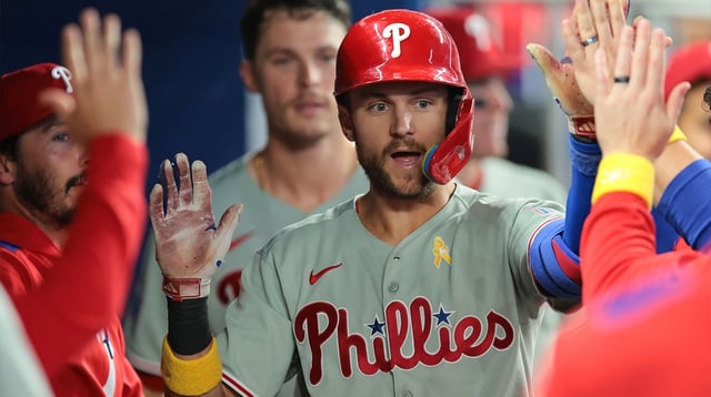Sep 7, 2025; Miami, Florida, USA; Philadelphia Phillies shortstop Trea Turner (7) celebrates after hitting a home run against the Miami Marlins during the sixth inning at loanDepot Park. Mandatory Credit: Sam Navarro-Imagn Images