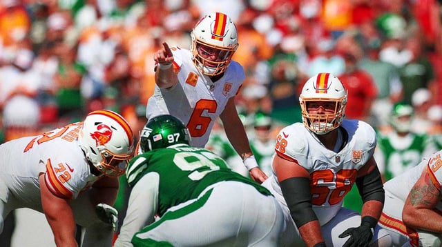 Sep 21, 2025; Tampa, Florida, USA; Tampa Bay Buccaneers quarterback Baker Mayfield (6) lines up against the New York Jets in the fourth quarter at Raymond James Stadium. Mandatory Credit: Nathan Ray Seebeck-Imagn Images