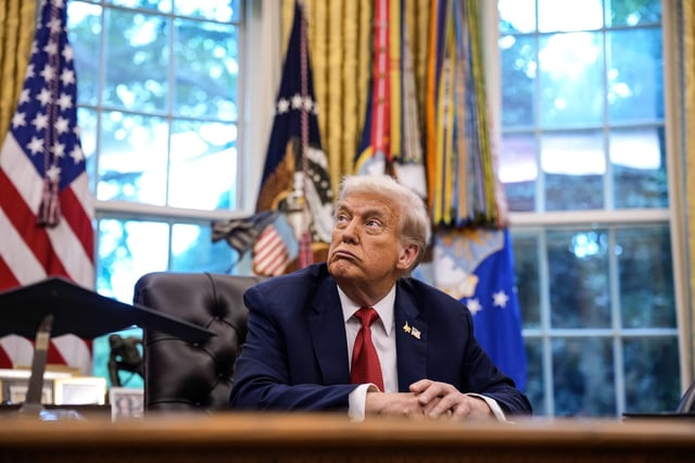 President Donald Trump looks on in the Oval Office of the White House on Sept. 25, 2025.