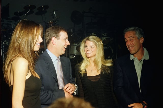Prince Andrew and Jeffrey Epstein with Melania Trump and Gwendolyn Beck at a party at the Mar-a-Lago club, Palm Beach, Florida, in February 2000 (Photo: Davidoff Studios/Getty Images)