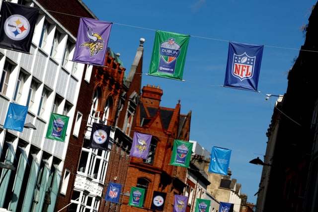 Banners hang on Grafton Street for American football ahead of the NFL's first-ever Irish regular-season game with Pittsburgh Steelers versus Minnesota Vikings to play in Croke park, in Dublin, Ireland September 26, 2025. REUTERS/Clodagh Kilcoyne
