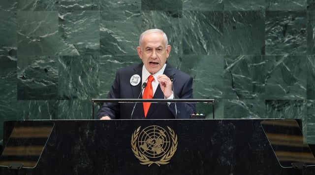 Israeli Prime Minister Benjamin Netanyahu speaks during the United Nations General Assembly on September 26, 2025 in New York City. (Michael M. Santiago/Getty Images)