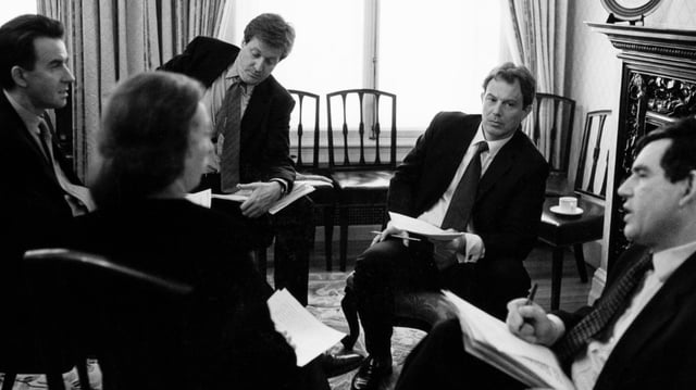 Labour during the 1997 general election campaign. From left, Peter Mandelson, Margaret Beckett, Alastair Campbell, Tony Blair and Gordon Brown