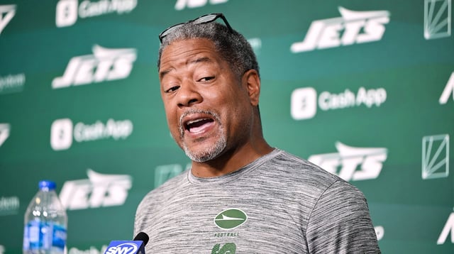 Jun 11, 2025; Florham Park, NY, USA; New York Jets defensive coordinator Steve Wilks speaks at a press conference during minicamp at Atlantic Health Jets Training Center. Mandatory Credit: John Jones-Imagn Images