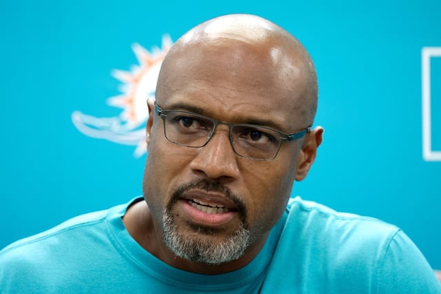 Miami Dolphins defensive coordinator Anthony Weaver talks with the media before practice at Baptist Health Training Complex in Miami Gardens on Tuesday, Sept. 16, 2025. (Mike Stocker/South Florida Sun Sentinel)