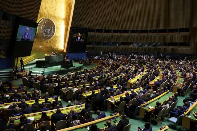 United Nations delegates watch as UN Secretary-General Antonio Guterres addresses the 80th General Assembly at UN headquarters in New York City, U.S., September 23, 2025. REUTERS/Shannon Stapleton/File Photo