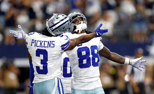 ARLINGTON, TX - SEPTEMBER 14: George Pickens #3 of the Dallas Cowboys and CeeDee Lamb #88 celebrate after Pickens' touchdown   during the game against the New York Giants at AT&T Stadium on September 14, 2025 in Arlington, Texas. (Photo by Ron Jenkins/Getty Images)