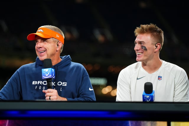 NEW ORLEANS, LA - OCTOBER 17: Sean Payton of the Denver Broncos visits with Bo Nix #10 of the Denver Broncos on set of the TNF on Prime post game show after an NFL football game between the Denver Broncos and the New Orleans Saints at Caesars Superdome on October 17, 2024 in New Orleans, Louisiana. (Photo by Cooper Neill/Getty Images)