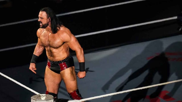 Drew McIntyre yells out toward the crowd Saturday, Sept. 20, 2025, before the Undisputed WWE Championship match at WWE WrestlePalooza at Gainbridge Fieldhouse in Indianapolis.