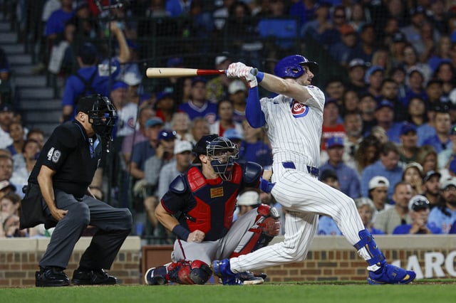 Sep 5, 2025; Chicago, Illinois, USA; Chicago Cubs right fielder Kyle Tucker (30) hits a three-run home run against the Atlanta Braves during the third inning at Wrigley Field. Mandatory Credit: Kamil Krzaczynski-Imagn Images/File Photo