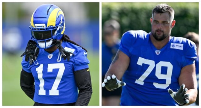 Rams wide receiver Davante Adams, left, and offensive lineman Rob Havenstein are nursing injuries but expected to play against the Indianapolis Colts on Sunday, Sept. 28, 2025, at SoFi Stadium. (Photos by David Crane, Los Angeles Daily News/SCNG)