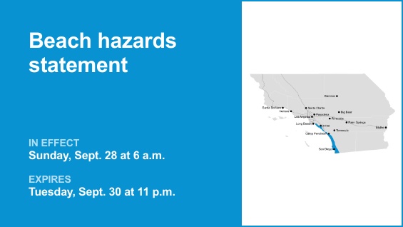 Orange County Coast and San Diego County Coastal Areas are included in a beach hazards statement released by the National Weather Service on Friday at 12:06 p.m. The statement is valid from Sunday 6 a.m. until Tuesday Sept. 30, at 11 p.m.