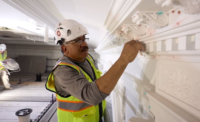 Finish work is in progress in one of the endowment rooms of the Salt Lake Temple of The Church of Jesus Christ of Latter-day Saints on Wednesday, Sept. 10, 2025, in Salt Lake City.