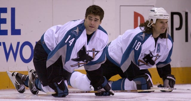 San Jose Sharks’ Patrick Marleau (CQ), #14, and teammate Mike Ricci, #18, warm up before the start of their game against the Pittsburgh Penguins’ on November 1, 2000 at the San Jose Arena in San Jose, Calif. Sharks beat the Penguins 3-2. (Contra Costa Times/Jose Carlos Fajardo) SLUG: nabokov