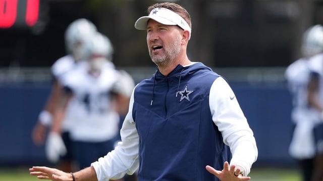 Jul 22, 2025; Oxnard, CA, USA; Dallas Cowboys coach Brian Schottenheimer during training camp at the River Ridge Fields. Mandatory Credit: Kirby Lee-Imagn Images