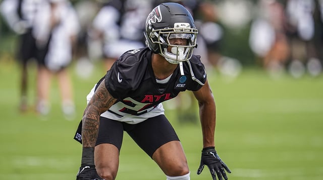 Jul 24, 2025; Flowery Branch, GA, USA; Atlanta Falcons cornerback A.J. Terrell (24) covers during a drill during training camp at IBM Performance Field. Mandatory Credit: Dale Zanine-Imagn Images