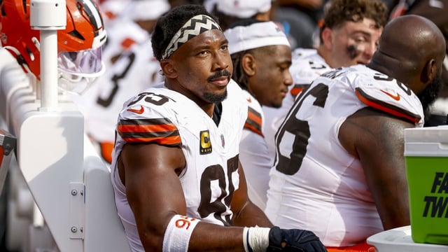 Sep 14, 2025; Baltimore, Maryland, USA; Cleveland Browns defensive end Myles Garrett (95) after the game against the Baltimore Ravens at M&T Bank Stadium. Mandatory Credit: Peter Casey-Imagn Images