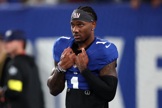 Sep 21, 2025; East Rutherford, New Jersey, USA; New York Giants wide receiver Malik Nabers (1) looks on before the game against the Kansas City Chiefs at MetLife Stadium. Mandatory Credit: Vincent Carchietta-Imagn Images/File Photo