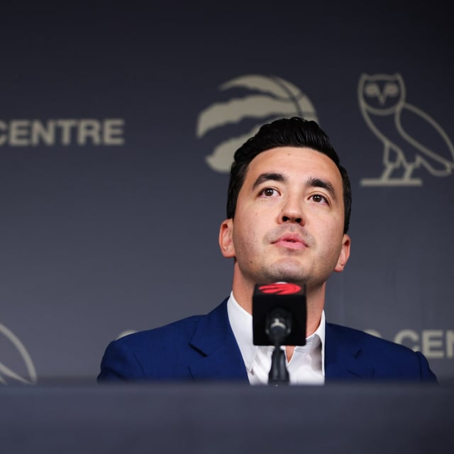 Toronto Raptors general manager Bobby Webster speaks to media during a press conference in Toronto, Friday, September 26, 2025. THE CANADIAN PRESS/Cole Burston