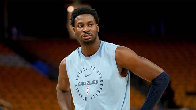 Apr 15, 2025; San Francisco, California, USA; Memphis Grizzlies forward Jaren Jackson Jr. (13) stands on the court before the start of the game against the Golden State Warriors at the Chase Center. Mandatory Credit: Cary Edmondson-Imagn Images
