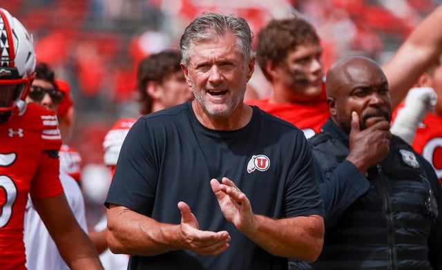 Utah Utes head coach Kyle Whittingham looks on after the game against the Texas Tech Red Raiders at Rice-Eccles Stadium in Salt Lake City on Saturday, Sept. 20, 2025.