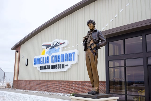 A statue of Amelia Earhart is pictured at the Amelia Earhart Hangar Museum in Atchison, Kansas, U.S. February 16, 2024. REUTERS/Arin Yoon/File Photo