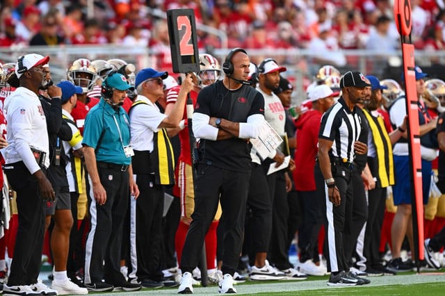 San Francisco 49ers defensive coordinator Robert Saleh walks the sideline while playing against the Denver Broncos in the first quarter of their NFL preseason game at Levi’s Stadium in Santa Clara, Calif., on Saturday, Aug. 9, 2025. (Jose Carlos Fajardo/Bay Area News Group)