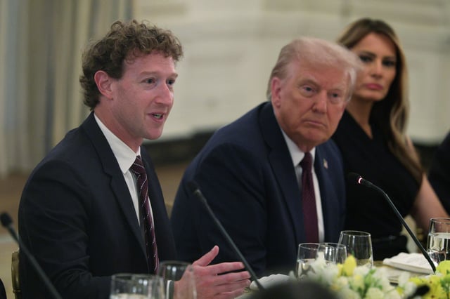 Meta CEO Mark Zuckerberg speaks as U.S. President Donald Trump and first lady Melania Trump listen during a dinner at the White House on Sept. 4, 2025, in Washington, D.C. 