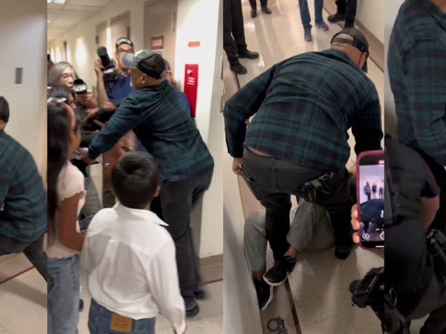El agente del ICE que empujó a una mujer ecuatoriana en un tribunal de inmigración de Manhattan, NYC, fue suspendido este viernes de sus funciones. Foto: Capturavideo