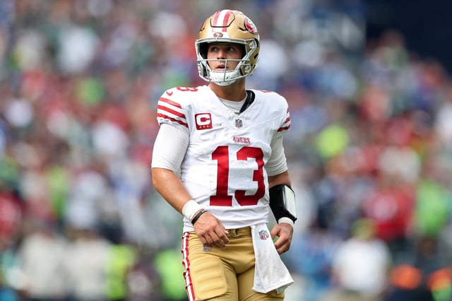 SEATTLE, WASHINGTON - SEPTEMBER 07: Brock Purdy #13 of the San Francisco 49ers looks on during the second quarter against the Seattle Seahawks during the game at Lumen Field on September 07, 2025 in Seattle, Washington. (Photo by Steph Chambers/Getty Images)