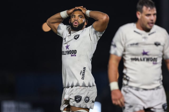 GLASGOW, SCOTLAND - SEPTEMBER 26: Sharks' Vincent Tshituka  looks dejected after Warriors' Jamie Dobie scores a second half try during a BKT United Rugby Championship match between Glasgow Warriors and Hollywoodbets Sharks at Scotstoun Stadium, on September 26, 2025, in Glasgow, Scotland. (Photo by Craig Williamson/SNS Group via Getty Images)