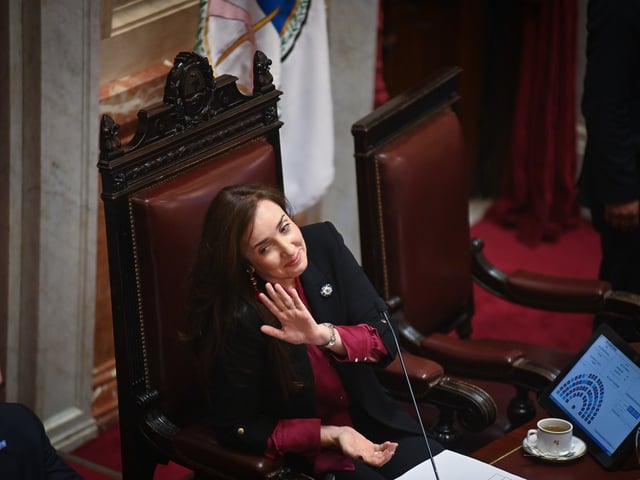 Victoria Villarruel, en la sesión del Senado que revirtió el veto de Milei a la ley de ATN. Foto Federico López Claro.