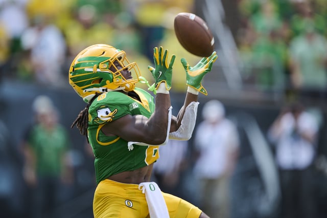 Aug 30, 2025; Eugene, Oregon, USA; Oregon Ducks running back Noah Whittington (6) catches the opening game kickoff during the first half against the Montana State Bobcats at Autzen Stadium. Mandatory Credit: Troy Wayrynen-Imagn Images/File Photo