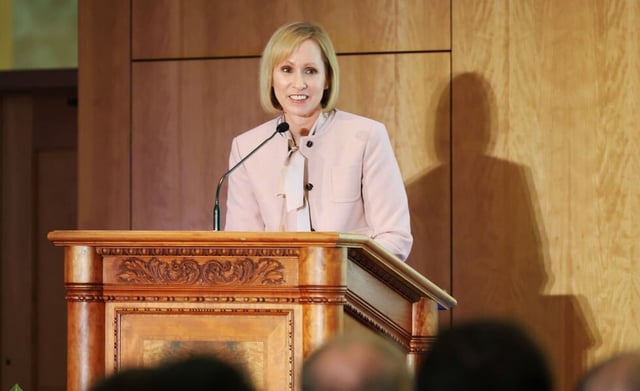 Sister Amy A. Wright, first counselor in the Primary general presidency, delivers the keynote address during a conference in the Hinckley Center Assembly Hall at Brigham Young University in Provo, Utah, on Thursday, Sept. 25, 2025. The conference marked the 30th anniversary of "The Family Proclamation."