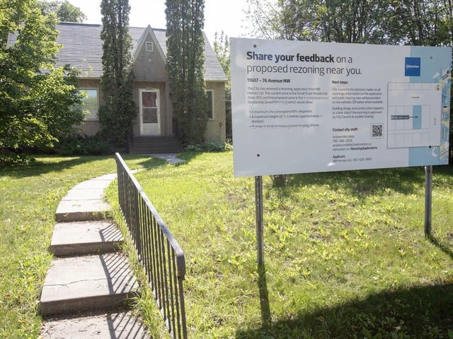  A home at 11607 76 Ave. has a proposed infill rezoning sign on its lawn on Aug. 19, 2025.