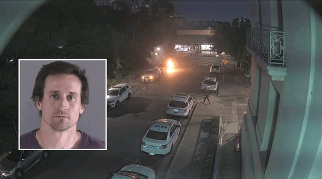 Casey Goonan, inset, pled guilty to setting a June 2024 fire that burned a Berkeley, California, police car. (Screenshot from DOJ video)