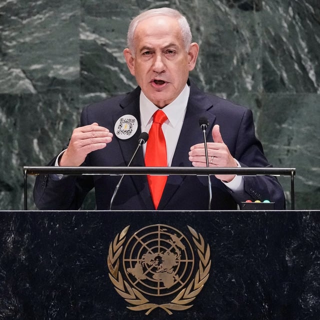 Netanyahu addresses the 80th session of the United Nations General Assembly, on Friday.