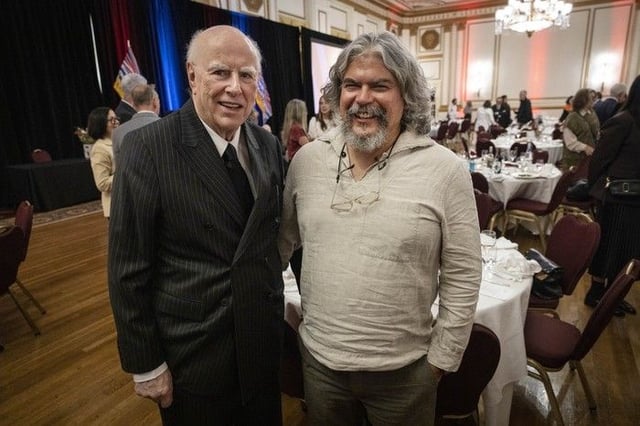 Artist Brian Jungen (right, with Michael Audain) won the Audain Prize for the Visual Arts at an event at the Hotel Vancouver Friday, September 26, 2025.