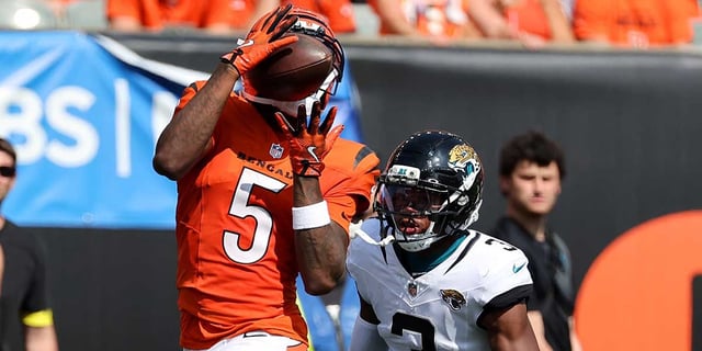 Sep 21, 2025; Minneapolis, Minnesota, USA; Cincinnati Bengals wide receiver Ja'Marr Chase (1) reacts after making a catch against the Minnesota Vikings during the second half at U.S. Bank Stadium. Mandatory Credit: Brad Rempel-Imagn Images