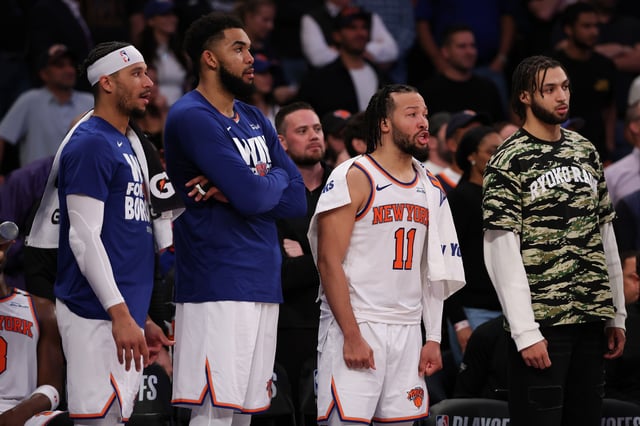 NEW YORK, NEW YORK - MAY 16: Josh Hart #3, left, Karl-Anthony Towns and Jalen Brunson #11 of the New York Knicks react on the bench during the fourth quarter against the Boston Celtics in Game Six of the Eastern Conference Second Round NBA Playoffs at Madison Square Garden on May 16, 2025 in New York City. NOTE TO USER: User expressly acknowledges and agrees that, by downloading and or using this photograph, User is consenting to the terms and conditions of the Getty Images License Agreement. (Photo by Al Bello/Getty Images)