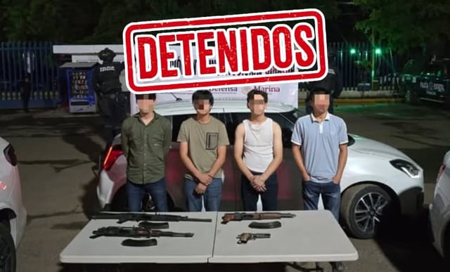 Detienen a cuatro hombres armados en Culiacán: dos eran menores y viajaban en vehículos robados con ponchallantas. / Seguridad Pública Sinaloa.
