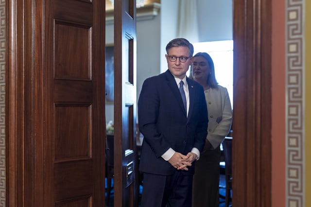 As lawmakers debate a government funding extension, Speaker of the House Mike Johnson, R-La., awaits the arrival of the leader of the Orthodox Christian Church, Ecumenical Patriarch Bartholomew for a meeting, at the Capitol in Washington, Wednesday, Sept. 17, 2025. (AP Photo/J. Scott Applewhite)