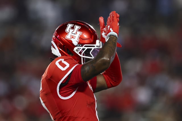 Amare Thomas #0 of the Houston Cougars celebrates during the second half against the Colorado Buffaloes at TDECU Stadium on September 12, 2025 in Houston, Texas.
