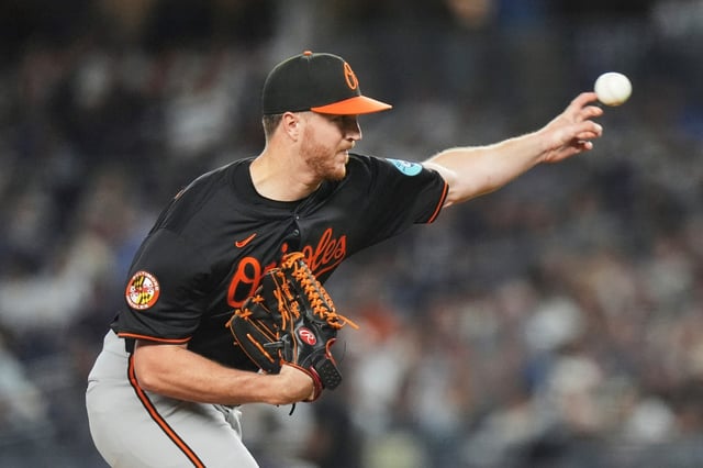Baltimore Orioles’ Trevor Rogers pitches during the first inning of a baseball game against the New York Yankees Friday, Sept. 26, 2025, in New York. (AP Photo/Frank Franklin II)